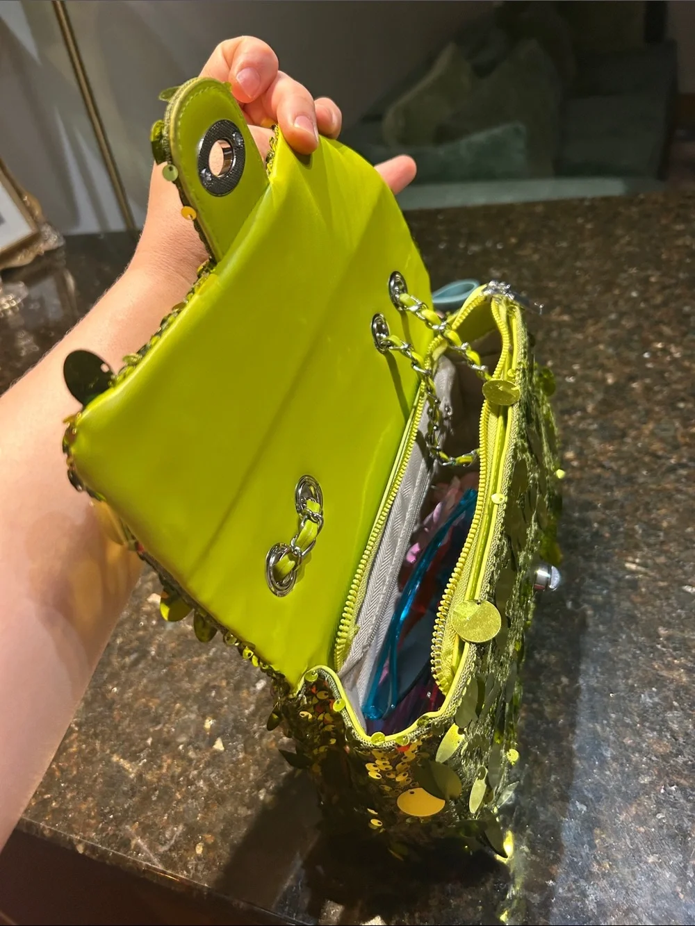 Sequined Green Shoulder Bag with Chain Strap